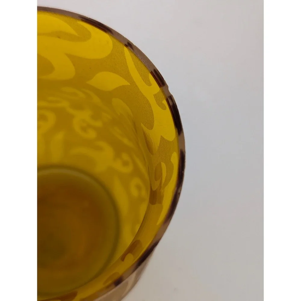 Handcrafted Amber Glass Hurricane Votive Candle Holder Frosted Scroll India